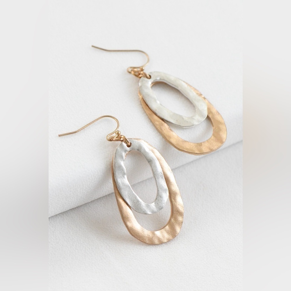 Gold and silver hammered oval drop earrings